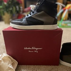 Ferragamo high top leather sneakers Mens Sz 9 brown & black Ret $595 Ex cond